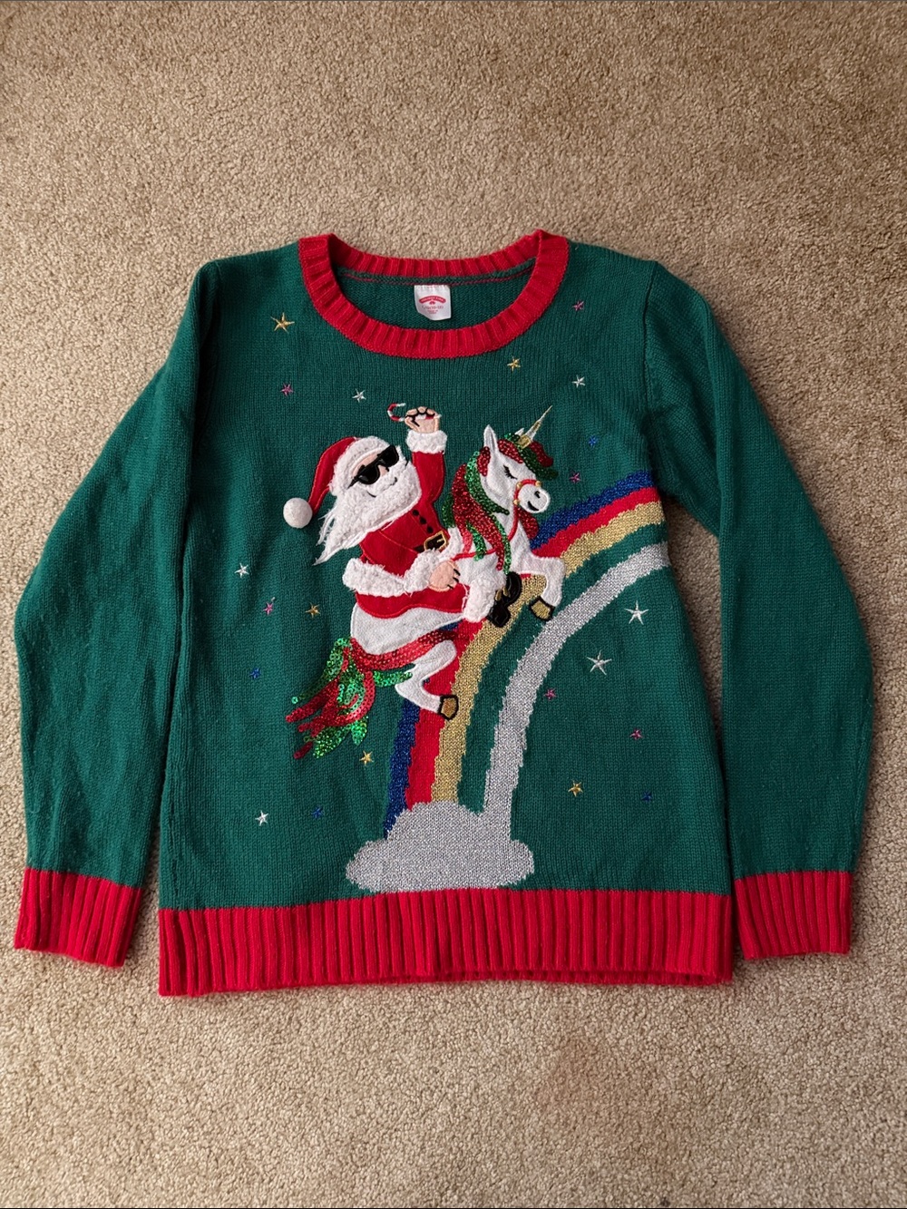 Holiday Time Green Christmas Santa Unicorn Crewneck Sweater with Red Trim